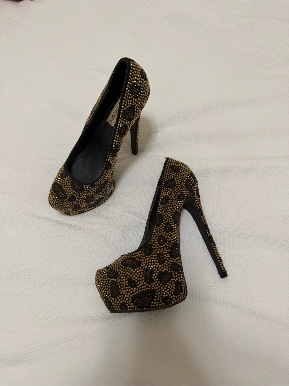 Steve Madden Gold and Black Leopard Crystal Platform Pumps